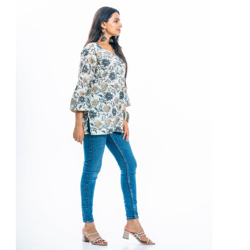 Ekisha's women everyday white multicolor printed cotton tunic top short kurti - Ekisha