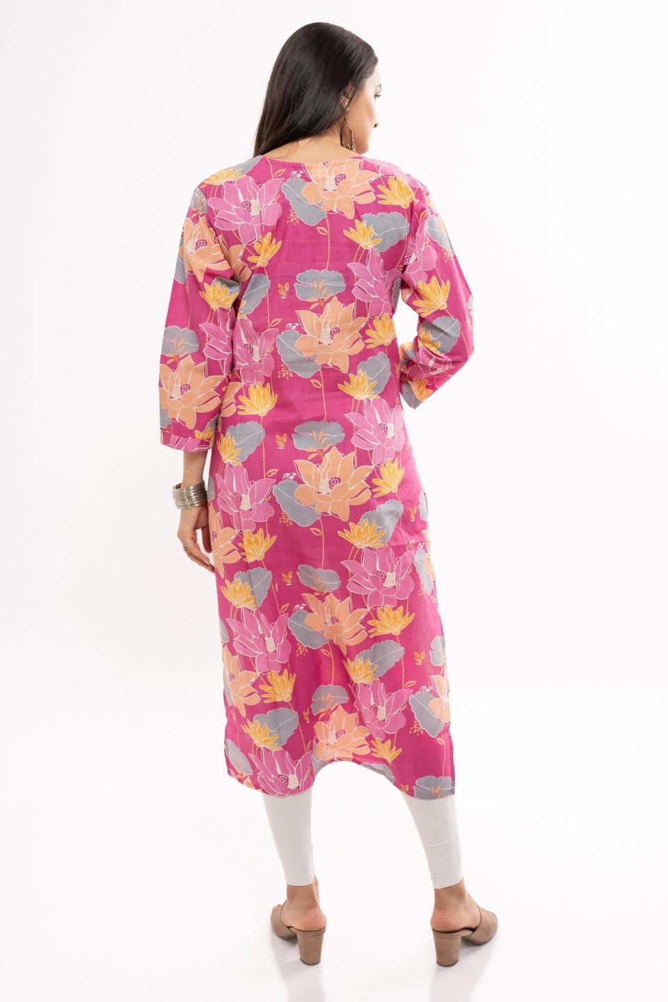 Ekisha women's cotton pink printed straight floral kurta kurti round neck - Ekisha
