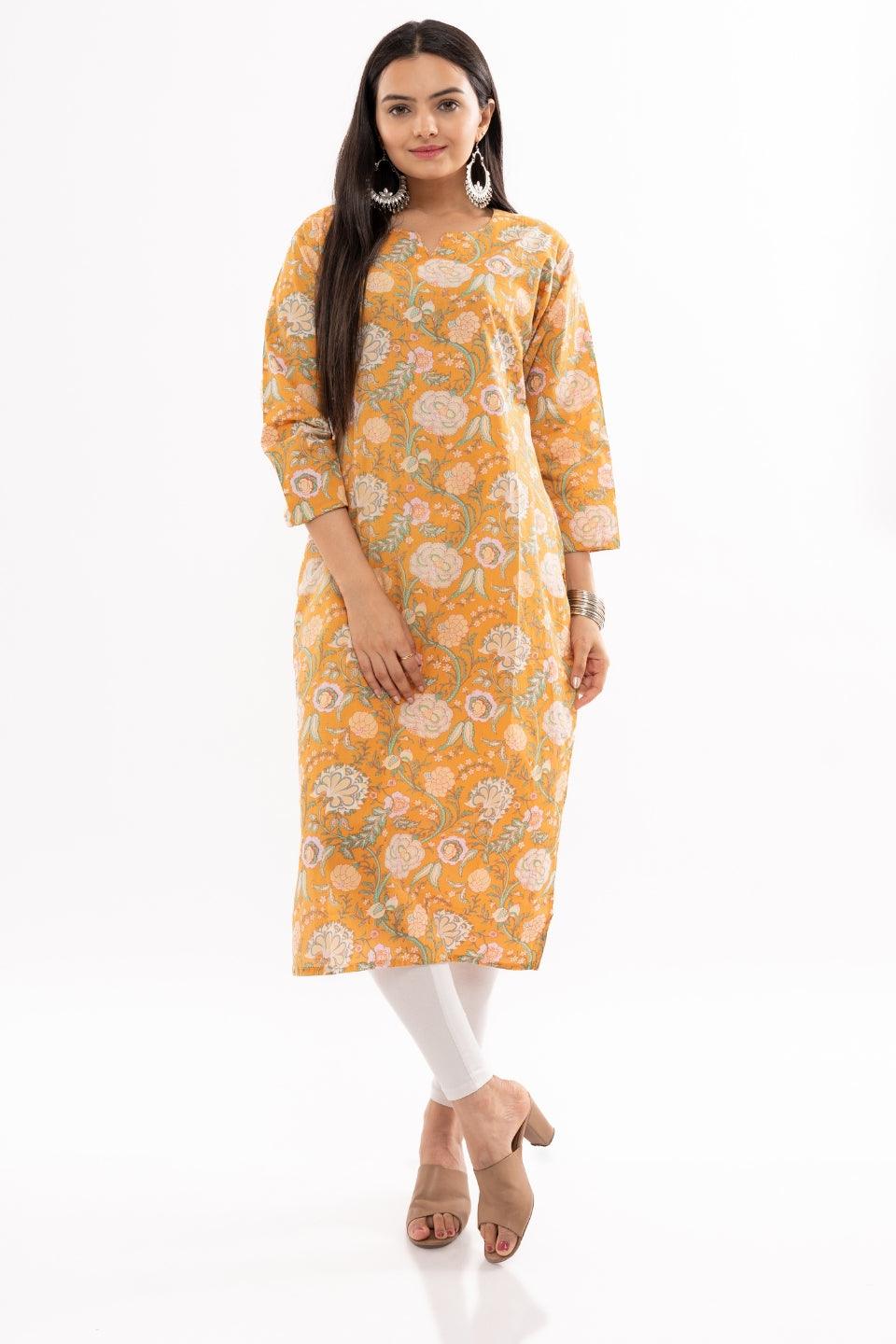 Ekisha women's cotton yellow printed straight floral kurta kurti round neck - Ekisha