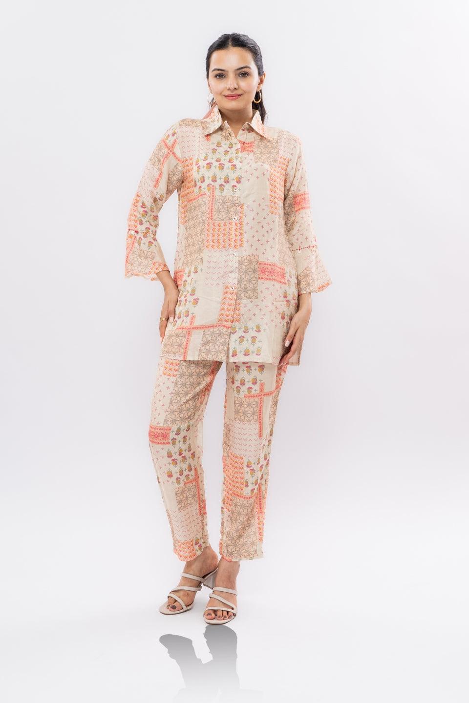 Ekisha's women muslin printed chickoo abstract co-ord set - Ekisha