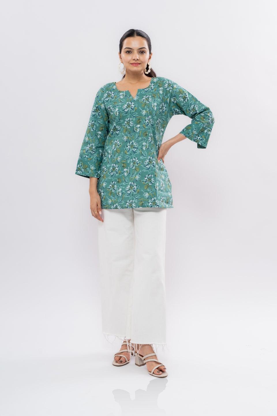 Ekisha's women light rama floral multicolor printed cotton tunic top short kurti - Ekisha