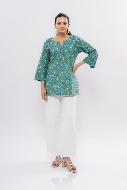 Ekisha's women light rama floral multicolor printed cotton tunic top short kurti - Ekisha