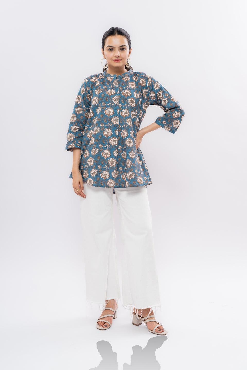 Ekisha's women blue designer multicolor printed cotton tunic top short kurti - Ekisha