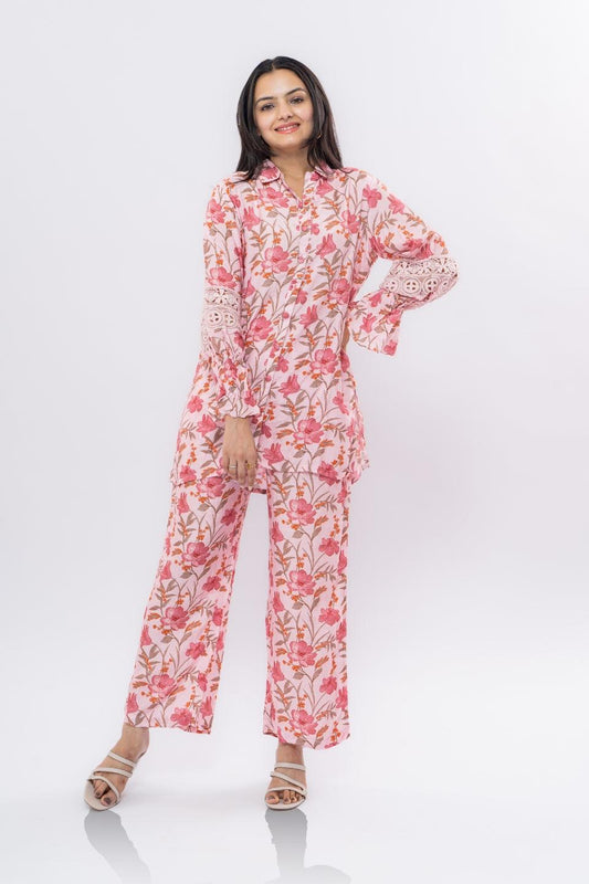 Ekisha's women muslin printed pink floral co-ord set - Ekisha