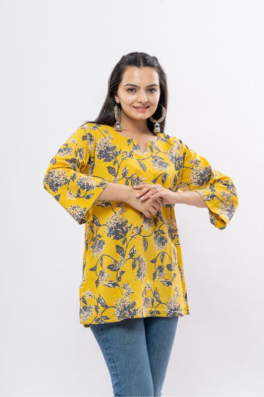 Ekisha's women yellow floral multicolor printed cotton tunic top short kurti - Ekisha