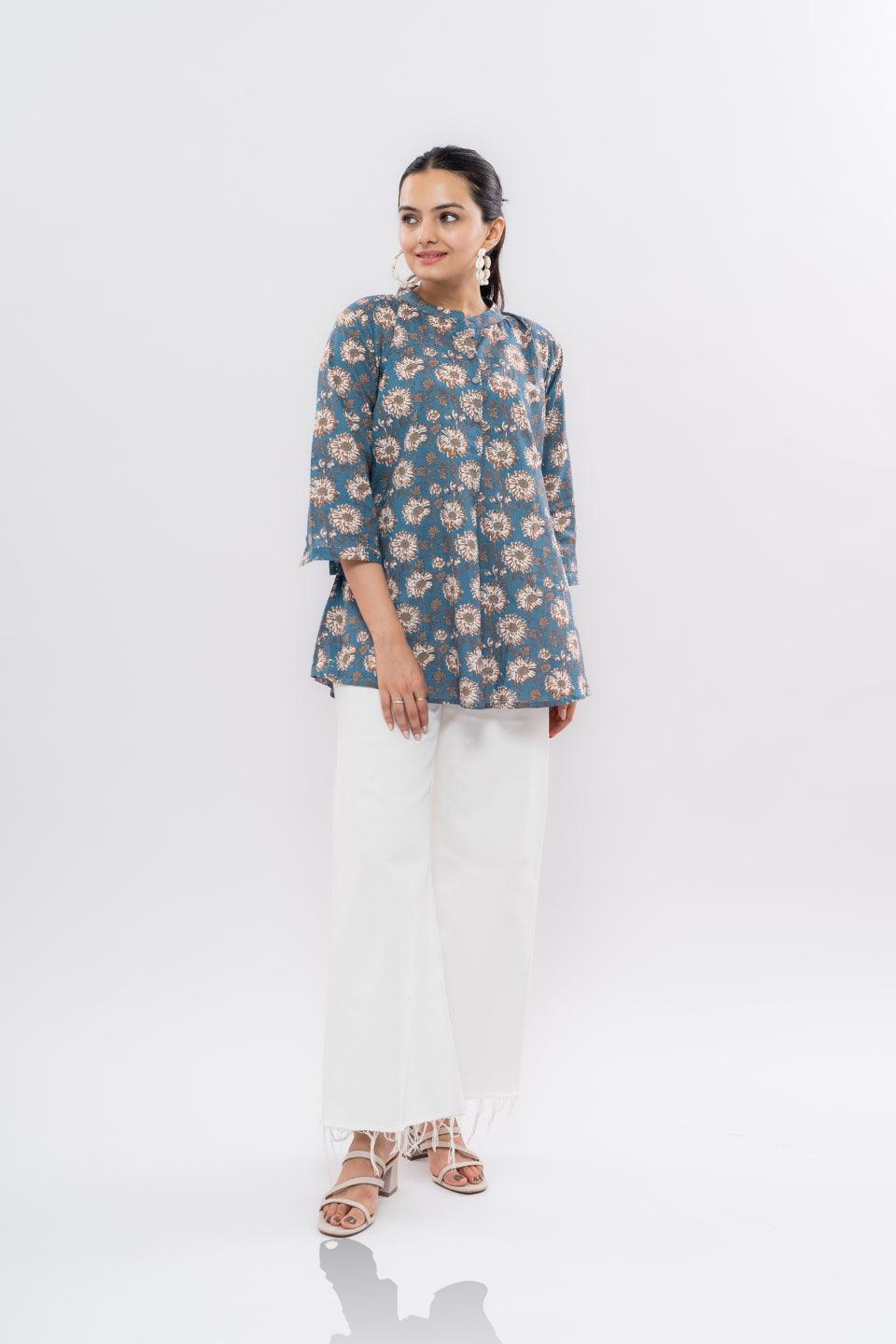 Ekisha's women blue designer multicolor printed cotton tunic top short kurti - Ekisha