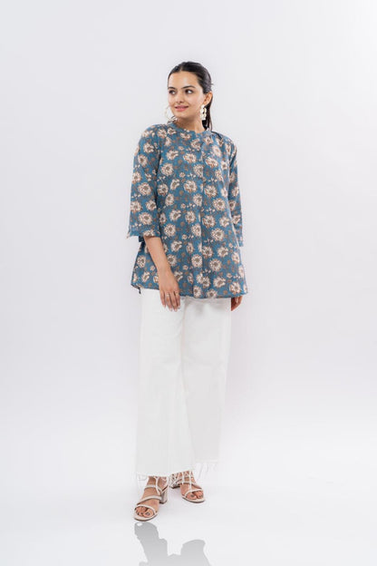 Ekisha's women blue designer multicolor printed cotton tunic top short kurti - Ekisha