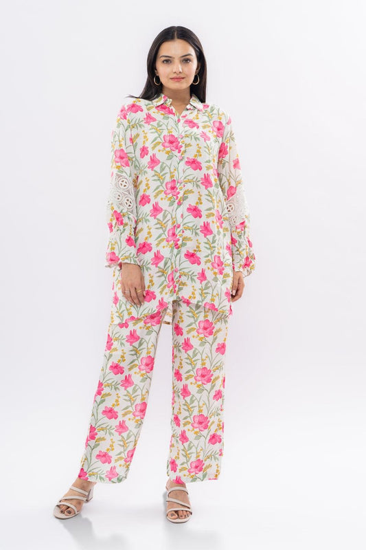 Ekisha's women muslin printed white floral co-ord set - Ekisha