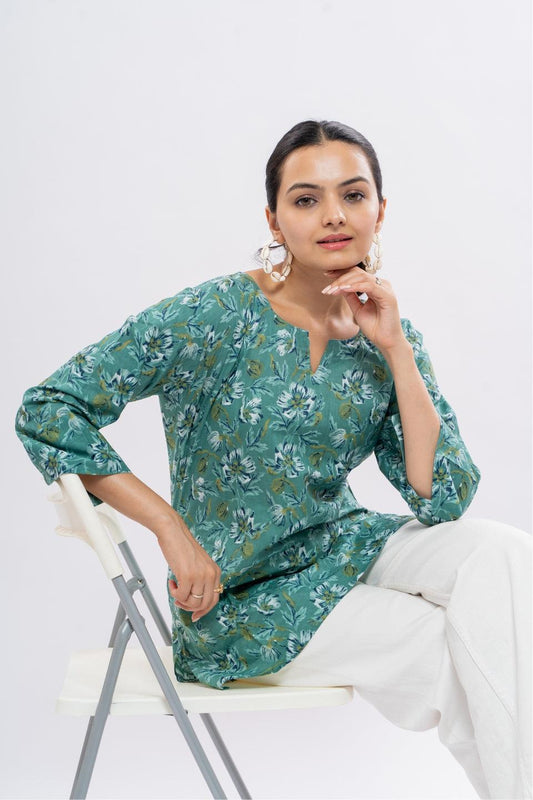Ekisha's women light rama floral multicolor printed cotton tunic top short kurti - Ekisha