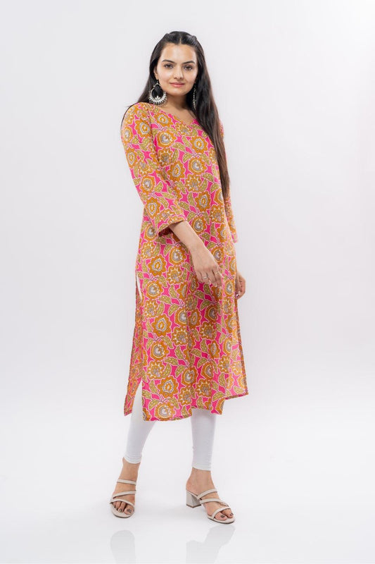 Ekisha women's cotton rani multicolor floral printed straight kurta kurti - Ekisha
