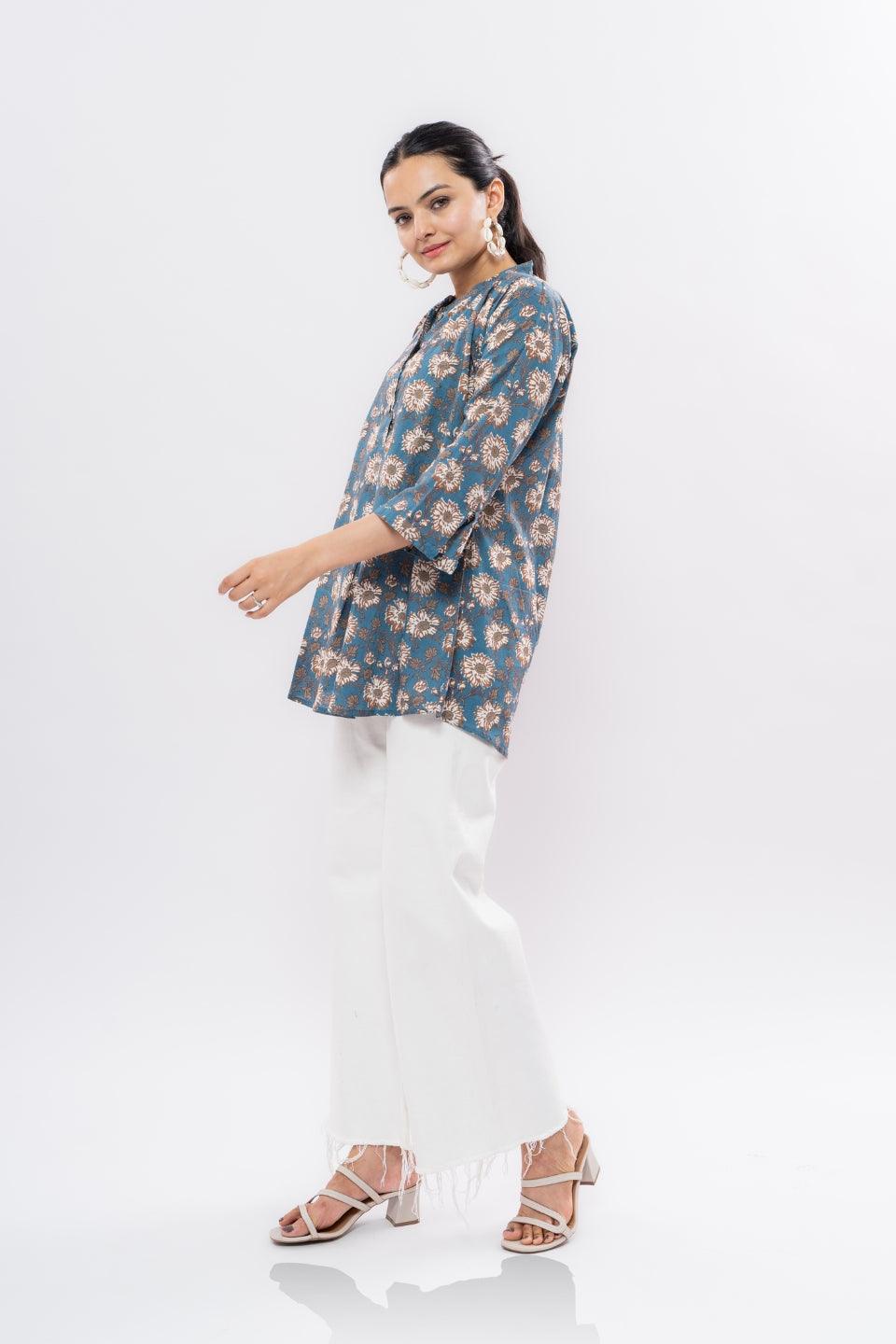 Ekisha's women blue designer multicolor printed cotton tunic top short kurti - Ekisha