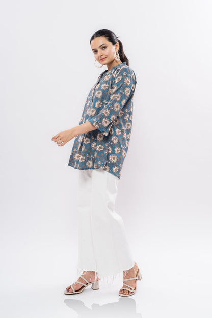 Ekisha's women blue designer multicolor printed cotton tunic top short kurti - Ekisha