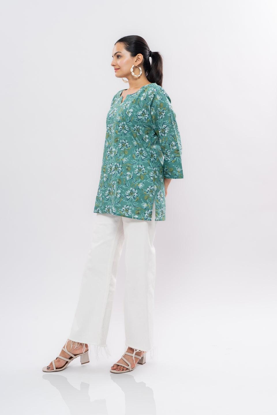 Ekisha's women light rama floral multicolor printed cotton tunic top short kurti - Ekisha
