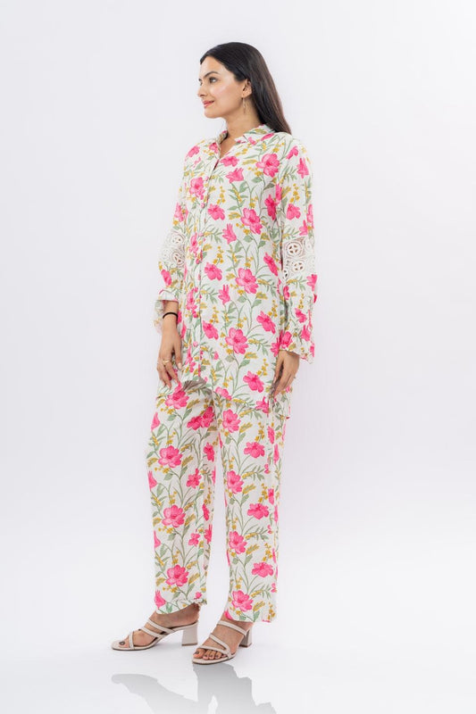 Ekisha's women muslin printed white floral co-ord set - Ekisha