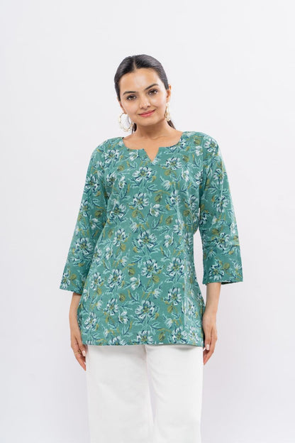 Ekisha's women light rama floral multicolor printed cotton tunic top short kurti - Ekisha