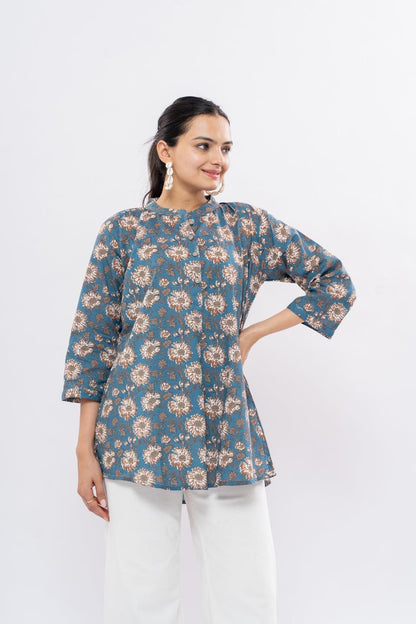 Ekisha's women blue designer multicolor printed cotton tunic top short kurti - Ekisha