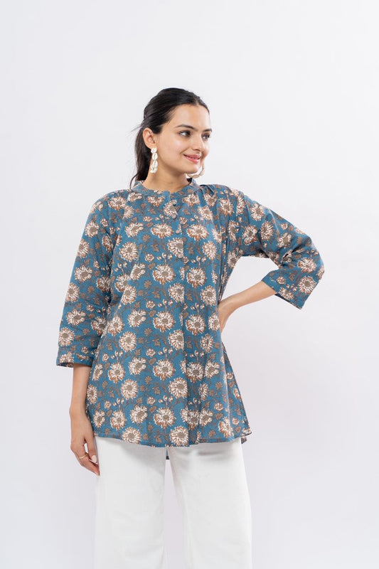 Ekisha's women blue designer multicolor printed cotton tunic top short kurti - Ekisha