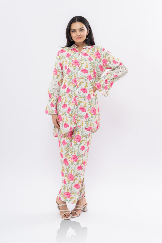 Ekisha's women muslin printed white floral co-ord set - Ekisha