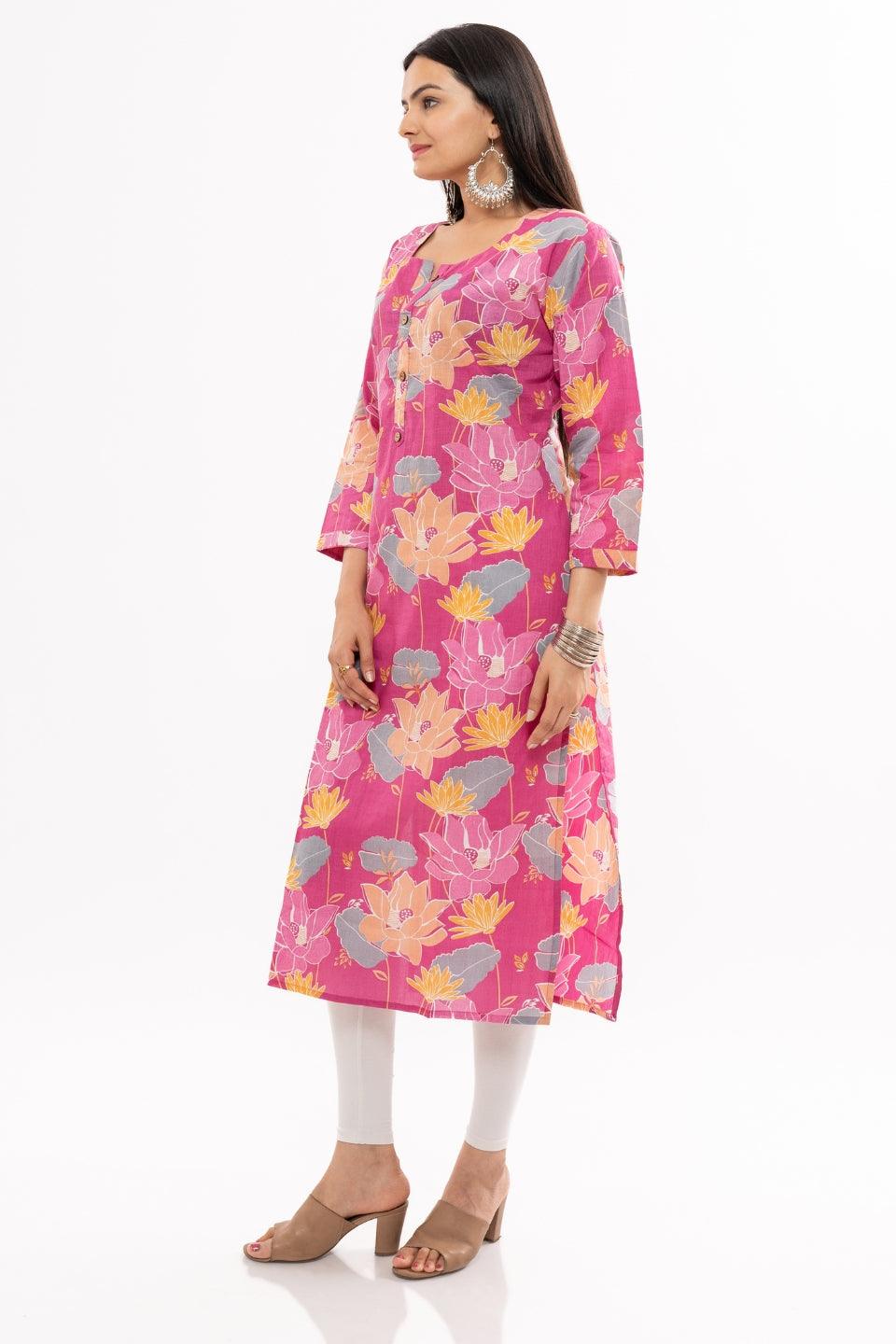 Ekisha women's cotton pink printed straight floral kurta kurti round neck - Ekisha