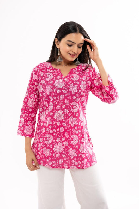 Ekisha's women printed Pink multicolor cotton tunic top short kurti - Ekisha