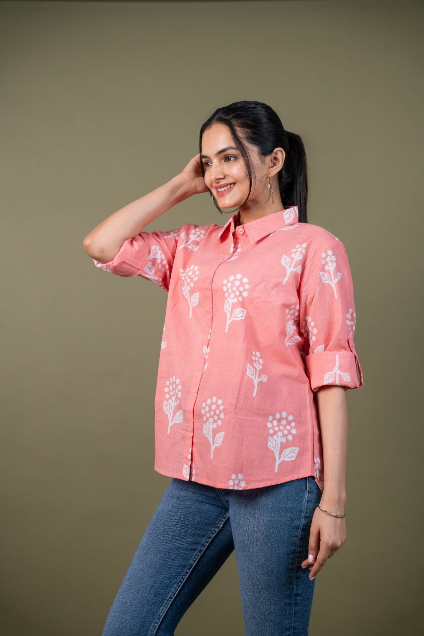 Women cotton pink printed relaxed fit shirt, side view