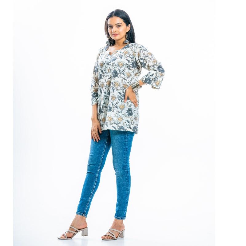 Ekisha's women everyday white multicolor printed cotton tunic top short kurti - Ekisha