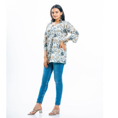 Ekisha's women everyday white multicolor printed cotton tunic top short kurti - Ekisha