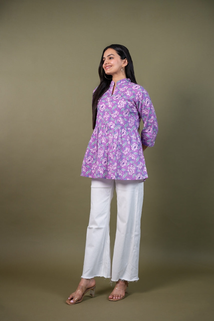 Ekisha's women purple multicolor designer floral printed cotton tunic top short kurti, side view
