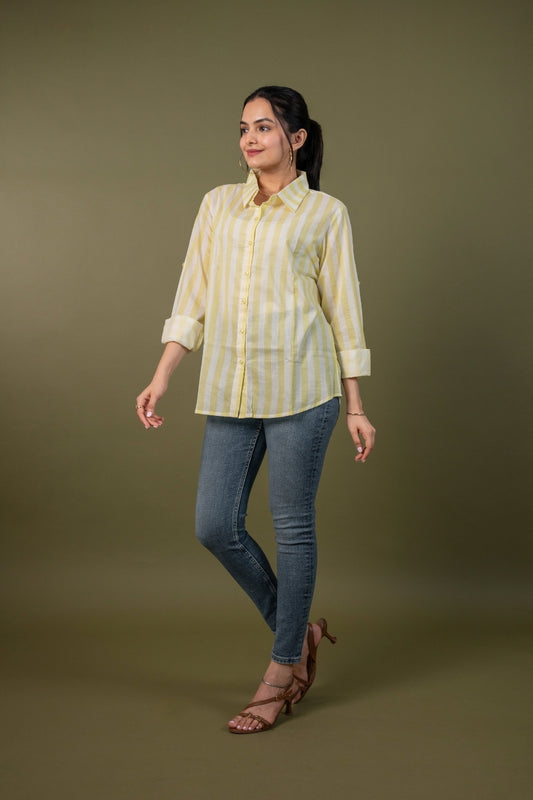 Women cotton white yellow stripes relaxed fit shirt, front view 4