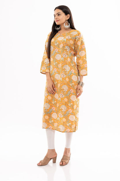 Ekisha women's cotton yellow printed straight floral kurta kurti round neck - Ekisha