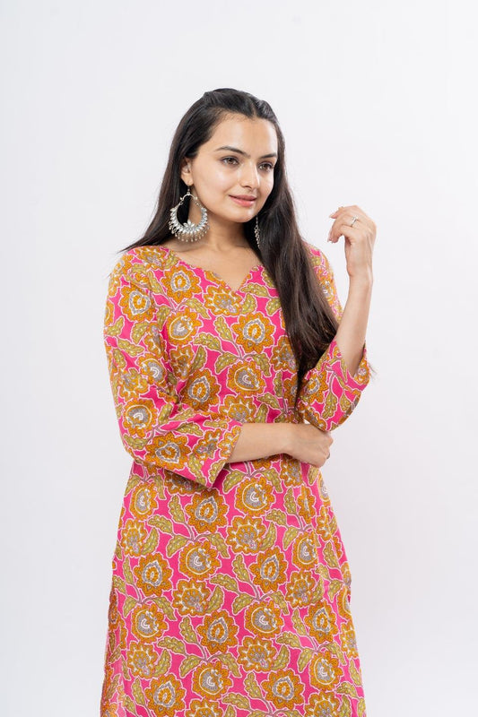 Ekisha women's cotton rani multicolor floral printed straight kurta kurti - Ekisha