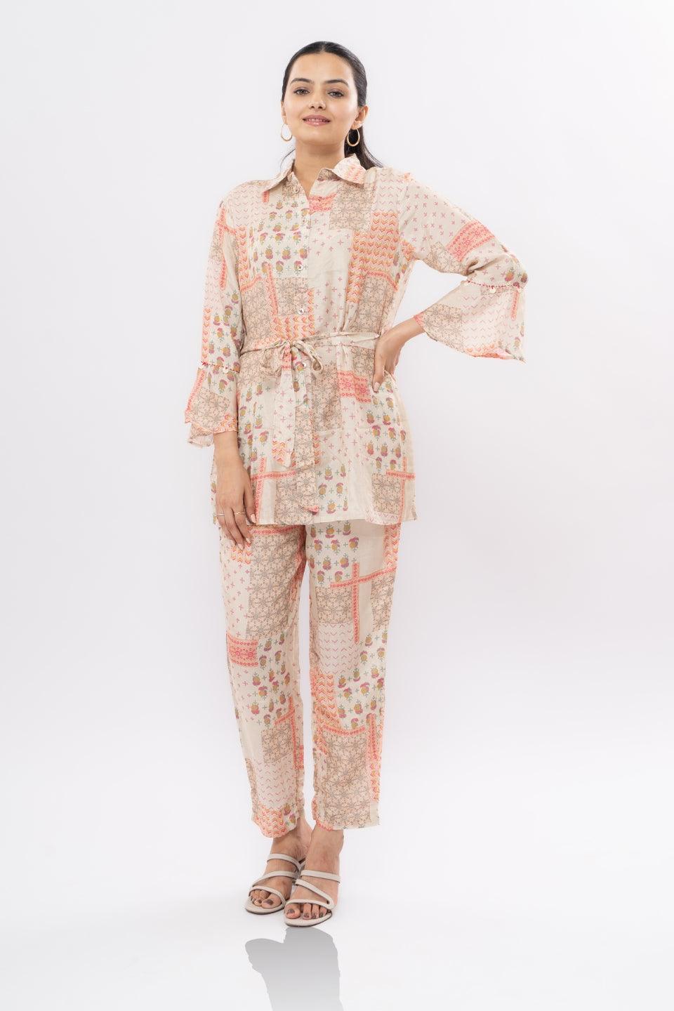Ekisha's women muslin printed chickoo abstract co-ord set - Ekisha