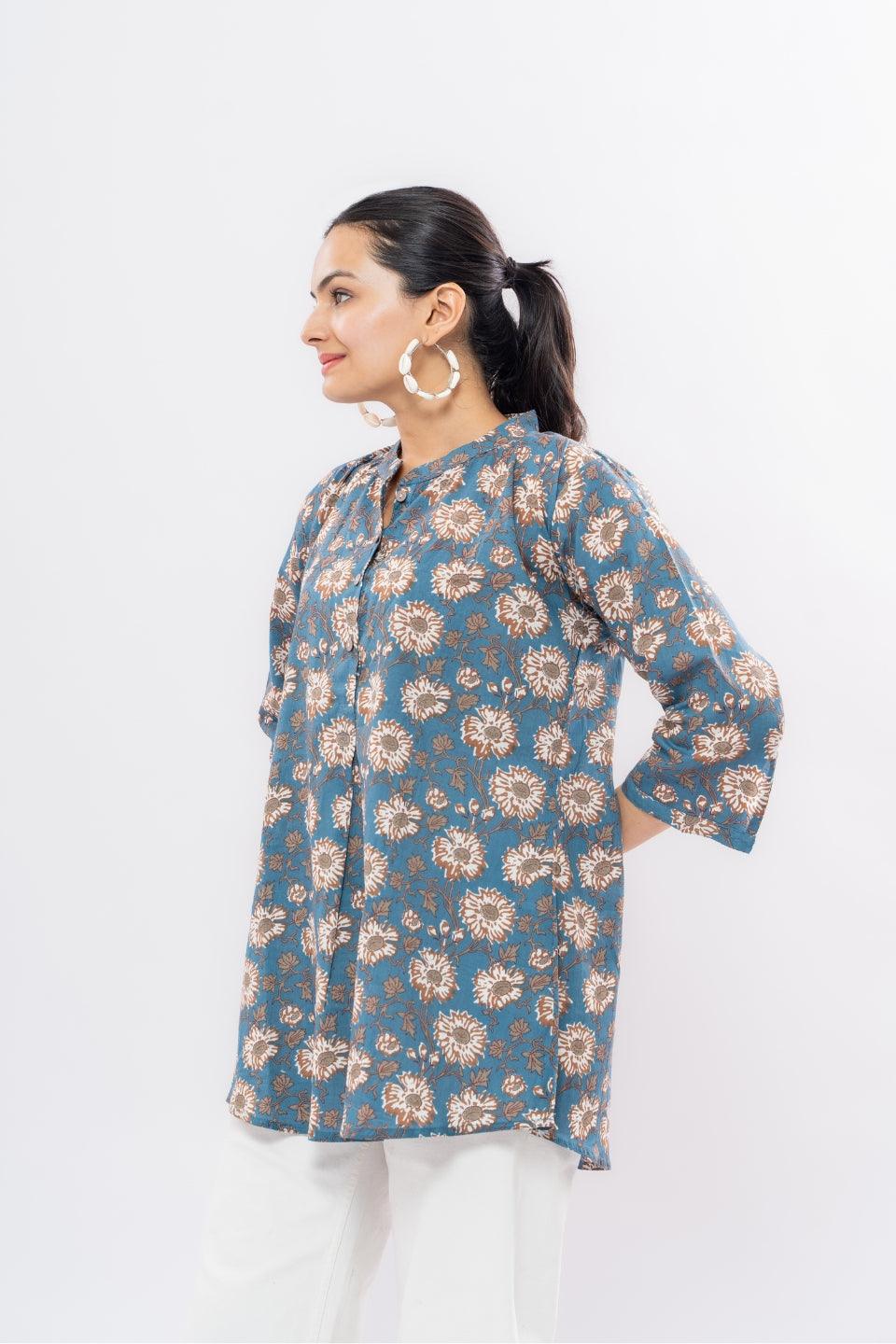 Ekisha's women blue designer multicolor printed cotton tunic top short kurti - Ekisha