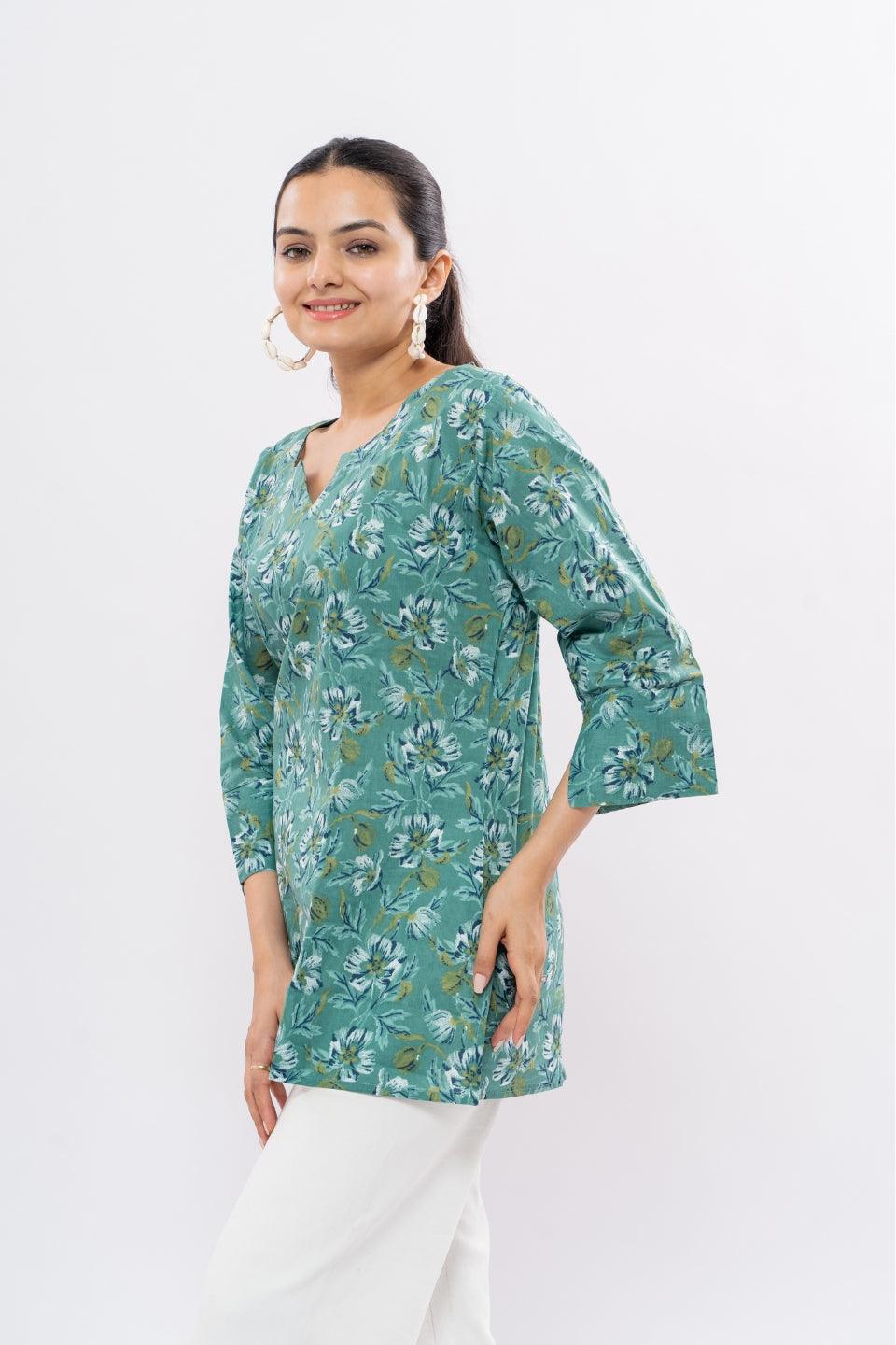 Ekisha's women light rama floral multicolor printed cotton tunic top short kurti - Ekisha