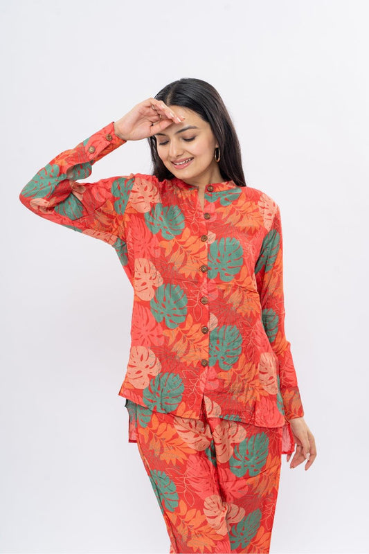 Ekisha's women muslin printed red floral co-ord set - Ekisha