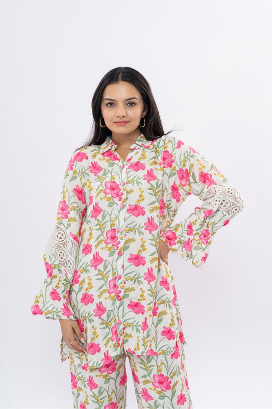 Ekisha's women muslin printed white floral co-ord set - Ekisha