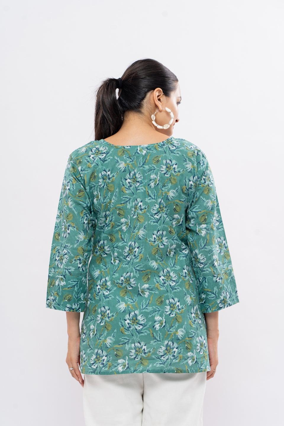 Ekisha's women light rama floral multicolor printed cotton tunic top short kurti - Ekisha