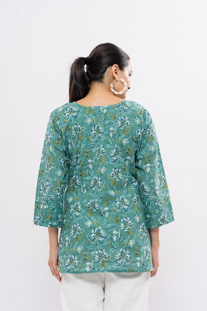Ekisha's women light rama floral multicolor printed cotton tunic top short kurti - Ekisha