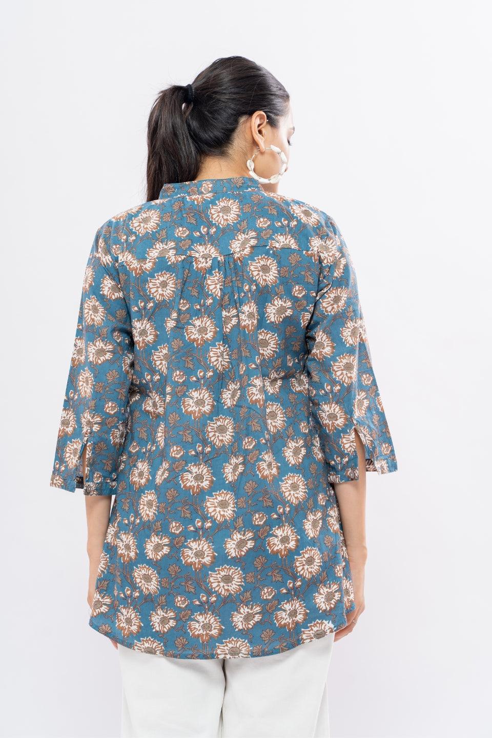 Ekisha's women blue designer multicolor printed cotton tunic top short kurti - Ekisha