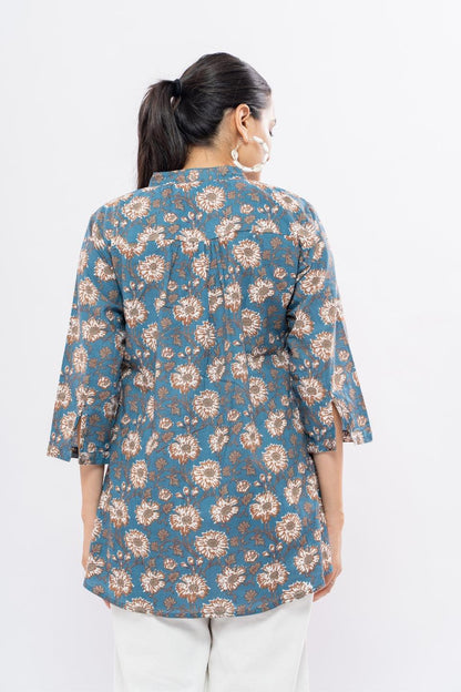 Ekisha's women blue designer multicolor printed cotton tunic top short kurti - Ekisha