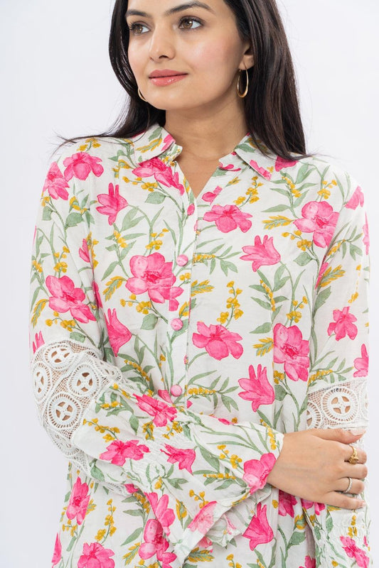 Ekisha's women muslin printed white floral co-ord set - Ekisha