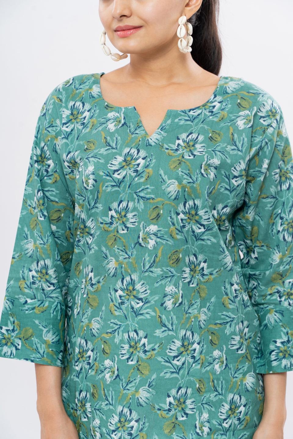 Ekisha's women light rama floral multicolor printed cotton tunic top short kurti - Ekisha