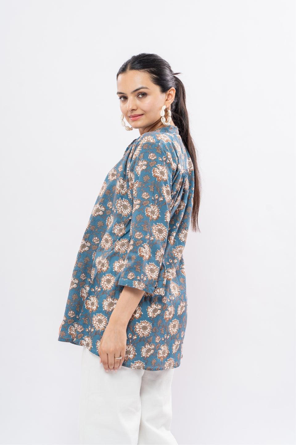 Ekisha's women blue designer multicolor printed cotton tunic top short kurti - Ekisha