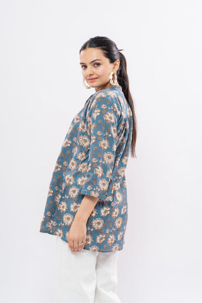 Ekisha's women blue designer multicolor printed cotton tunic top short kurti - Ekisha