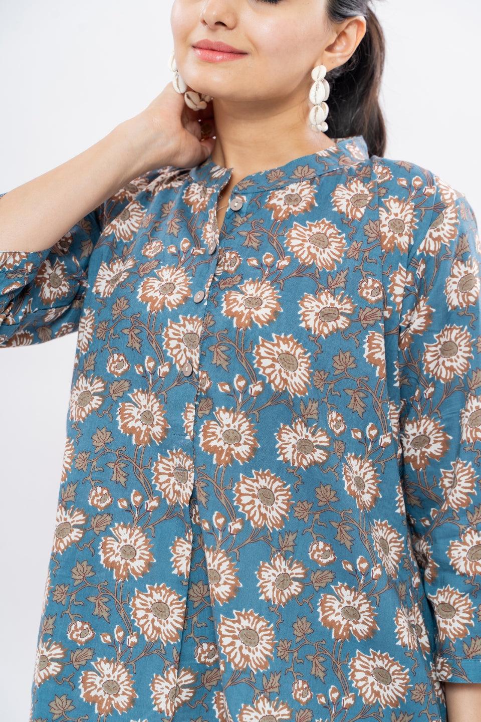 Ekisha's women blue designer multicolor printed cotton tunic top short kurti - Ekisha