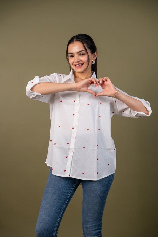 Women cotton white printed heart relaxed fit shirt, front view 3