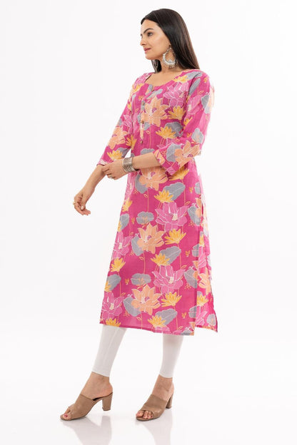 Ekisha women's cotton pink printed straight floral kurta kurti round neck - Ekisha
