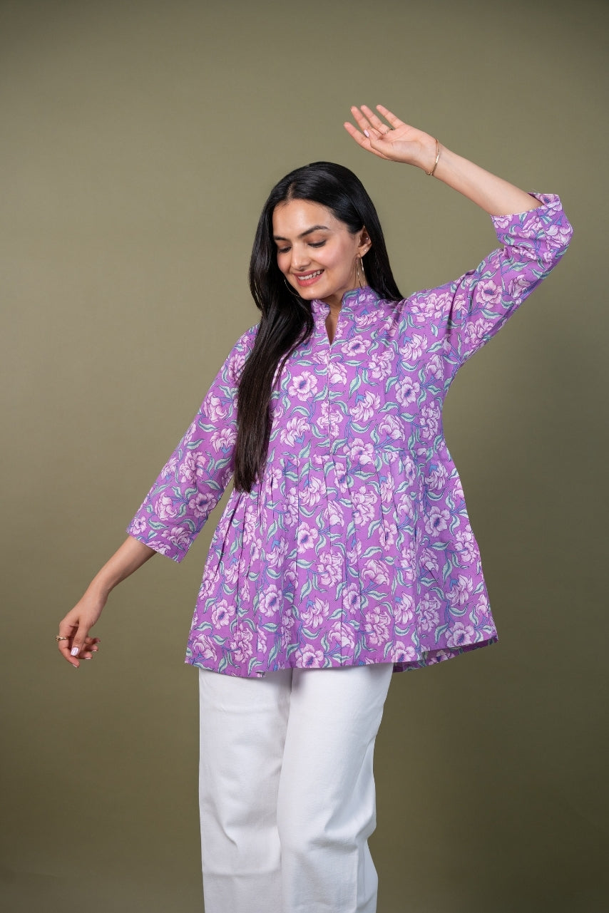 Ekisha's women purple multicolor designer floral printed cotton tunic top short kurti, front view 2