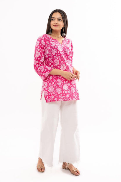 Ekisha's women printed Pink multicolor cotton tunic top short kurti - Ekisha