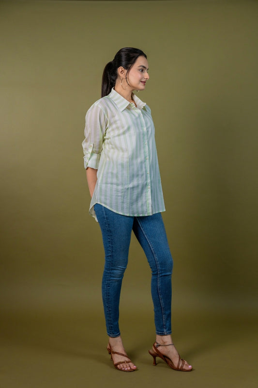 Women cotton white green stripes relaxed fit shirt, side view